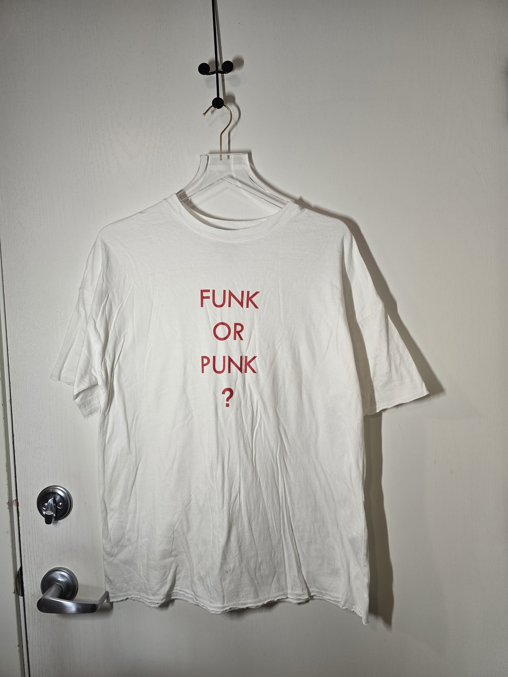 White Short-Sleeve Graphic Tee with Red 'FUNK OR PUNK?' Text